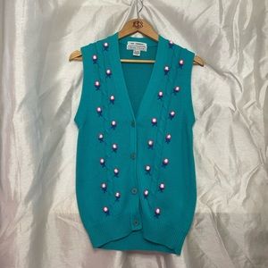 VTG 90s IZOD Club Hand Embroidered Floral Golf V-Neck Button Down Sweater Vest